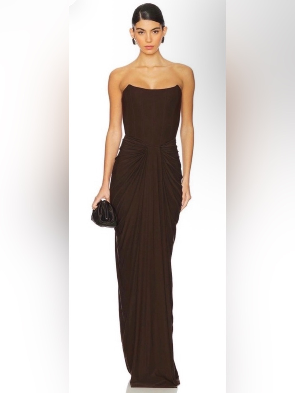 $350msrp Deme by Gabriella Brown Corset Draped Strapless Maxi Dress SMALL NEW